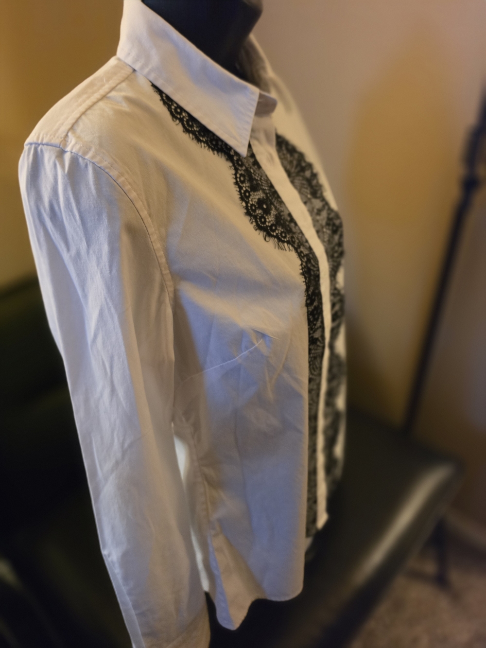 Boston Proper White Button-Down Shirt with Black Lace Trim